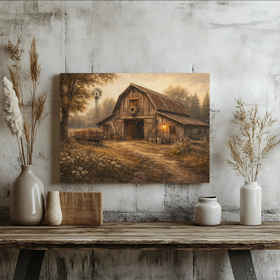Rustic Barn Canvas Wall Art | Country Farmhouse Landscape Painting | Premium Gallery Wrapped Canvas | Farmhouse Living Room Decor Gift