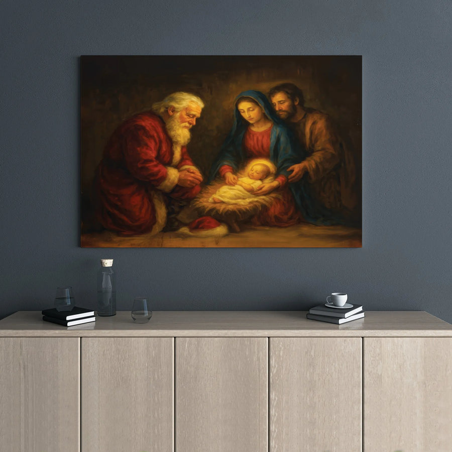 Santa Kneeling at Manger Canvas Print | Religious Nativity Scene Art | Premium Gallery-Wrap Wall Decor | Meaningful Christmas Gift for Home