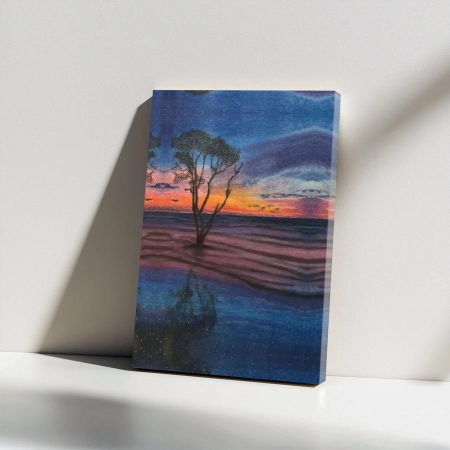 Lone Tree Sunset Canvas Print | Tranquil Water Reflection Wall Art | Premium Gallery Wrapped Decor | Serene Nature Landscape for Home or Office