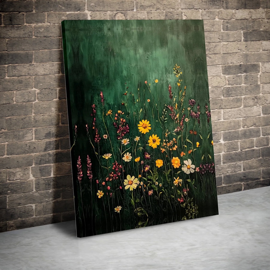Wildflower Meadow Canvas Print | Moody Dark Green Botanical Wall Art | Premium Gallery Wrap Decor | Ready to Hang Floral Painting Gift