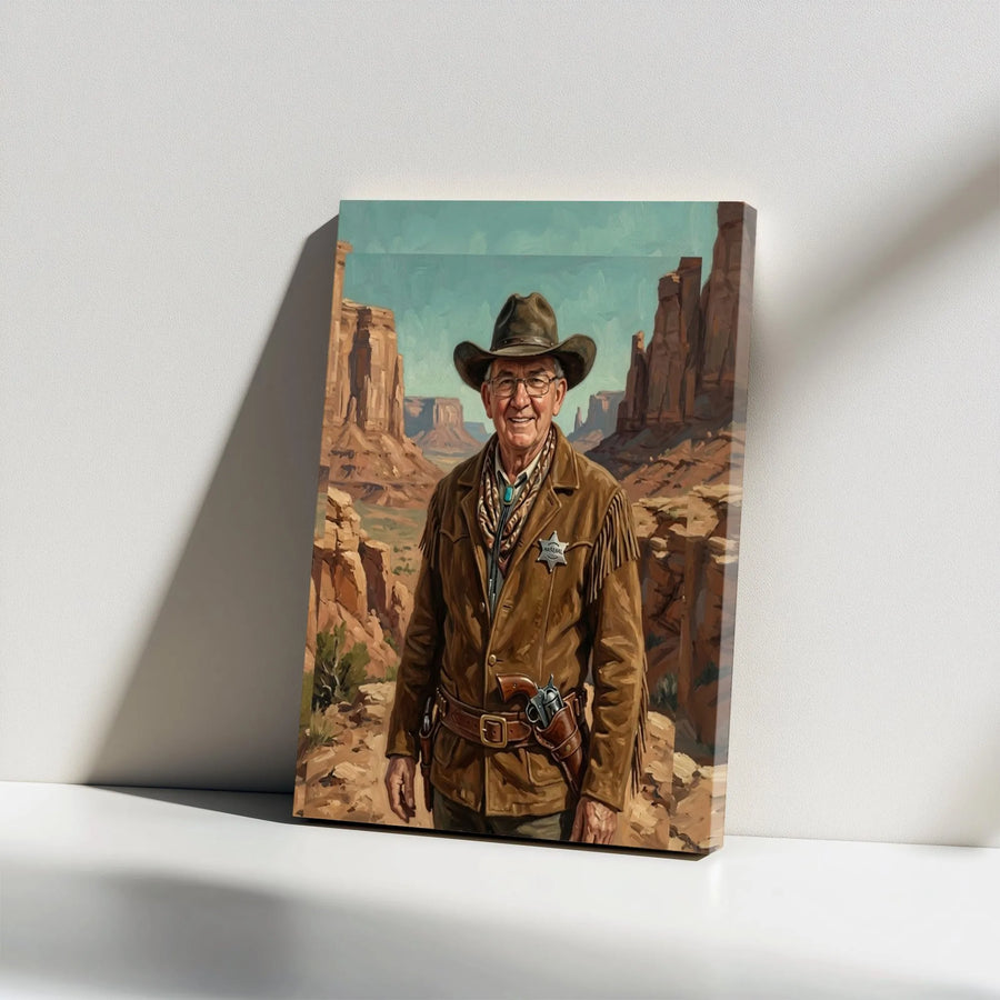 Cowboy Sheriff Vertical Canvas | Old West Desert Canyon Landscape Painting Style | Premium 1.25" Gallery Wrap Wall Art | Rustic Home Decor Gift for Western Movie Fans