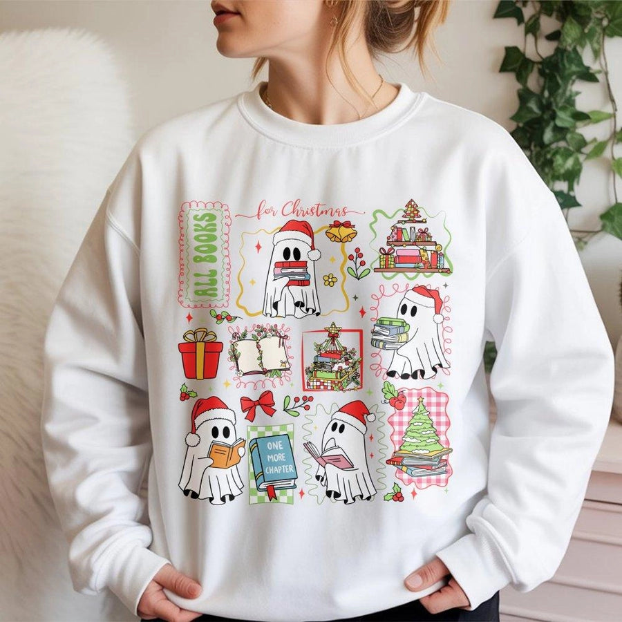 Reading Ghost Christmas Sweatshirt | Cute Book Lover Holiday Graphic | Premium Cotton Blend | Gift for Readers and Librarians