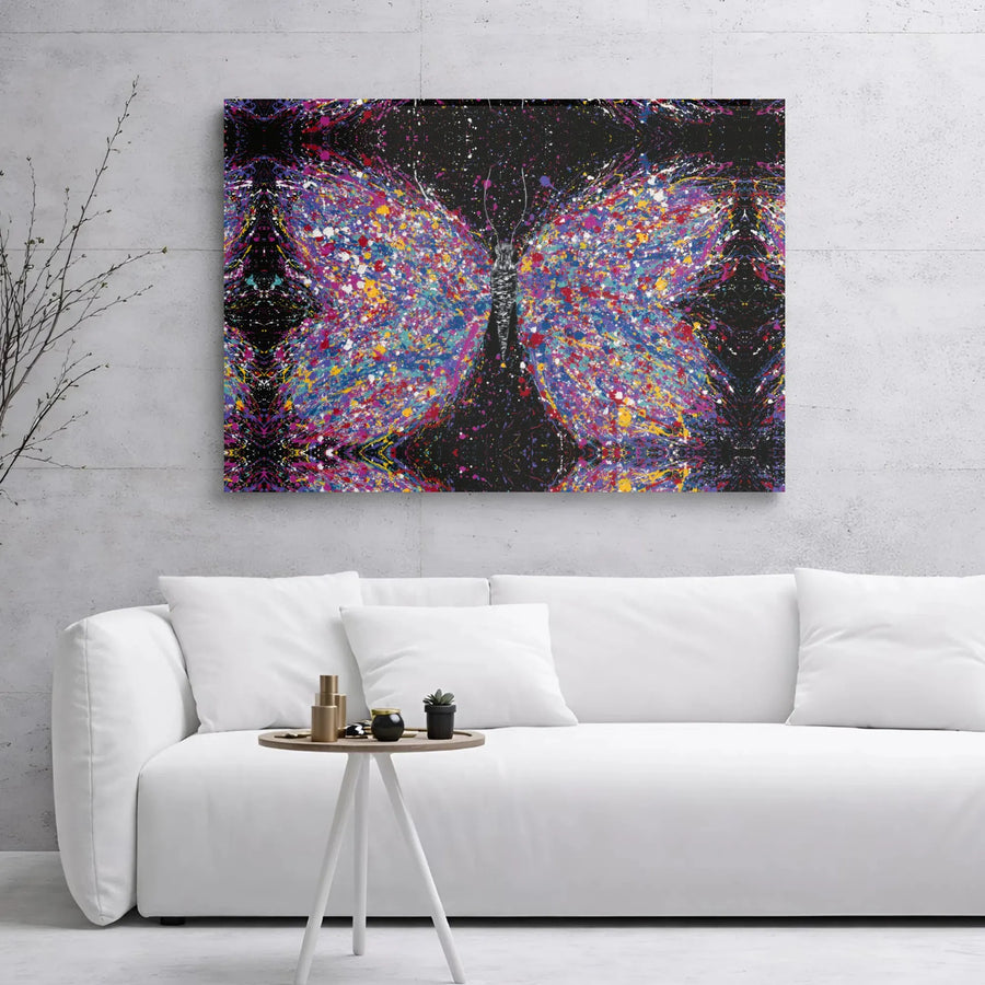 Abstract Butterfly Canvas Wall Art | Colorful Paint Splatter Design | Premium Gallery Wrap Stretched Print | Modern Home Decor Gift