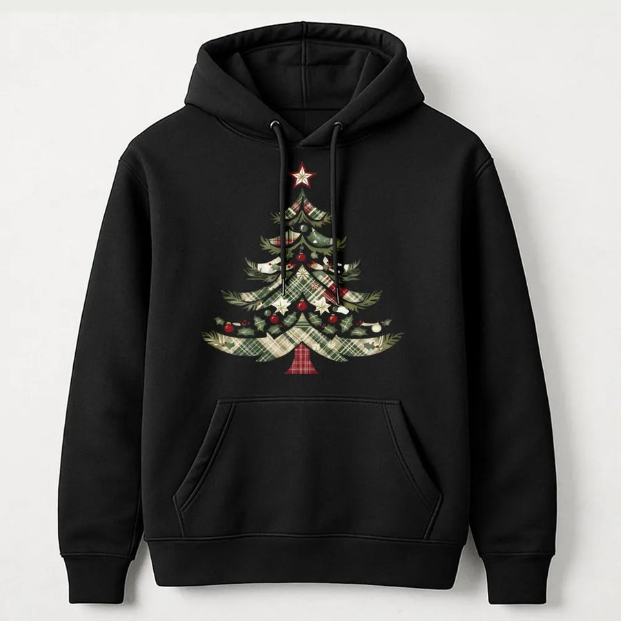 Christmas Tree Hoodie | Vintage Plaid Holiday Graphic | Premium Cotton Blend | Cozy Festive Gift for Women and Men