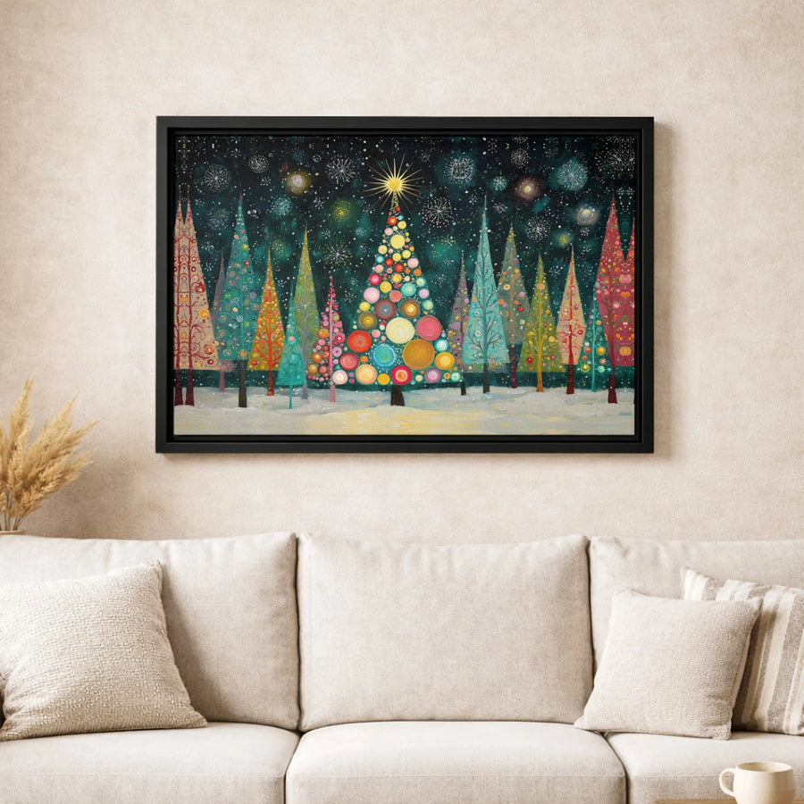Whimsical Christmas Tree Canvas Art | Colorful Forest Night Landscape | Premium 1.25-Inch Gallery Wrap | Festive Holiday Wall Decor for Home