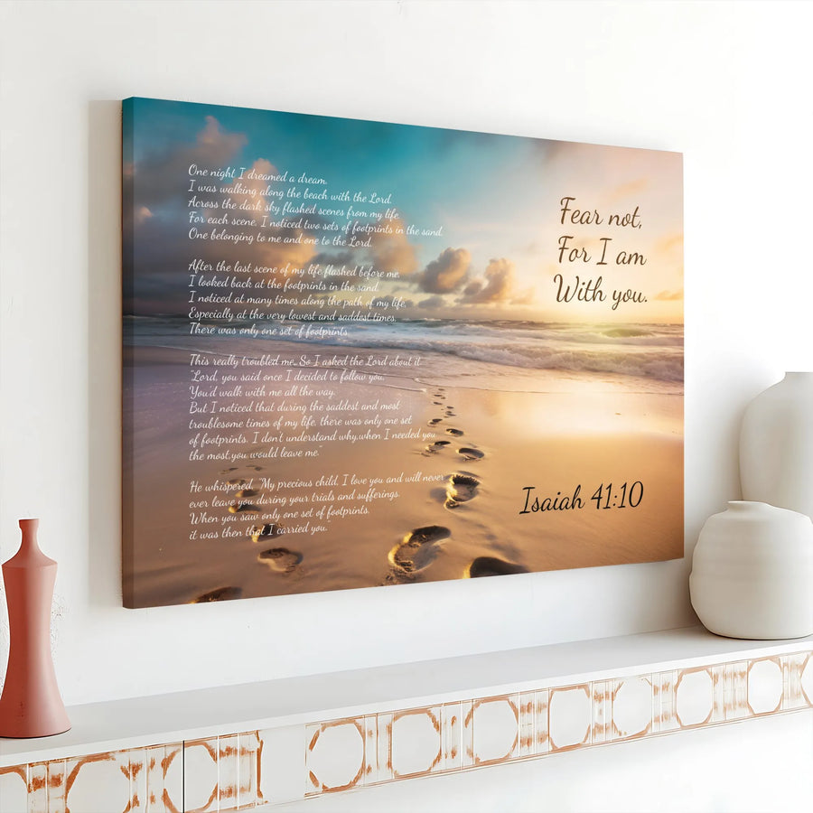 Footprints in the Sand Canvas Wall Art | Isaiah 41:10 Scripture Poem | Premium Gallery Wrapped Religious Home Decor | Inspirational Christian Sympathy Gift
