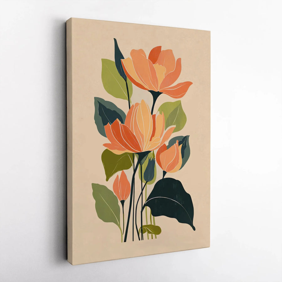Mid-Century Botanical Canvas Wall Art | Stylized Orange Flower Illustration | Premium Gallery-Wrapped Print | Minimalist Home Decor Gift