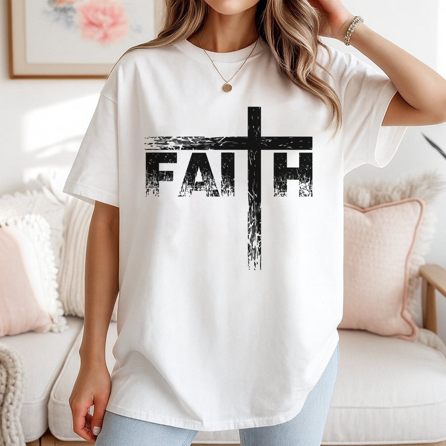 Faith Cross T-Shirt | Distressed Religious Graphic Tee | 100% Soft Cotton Premium Quality | Christian Gift for Men and Women