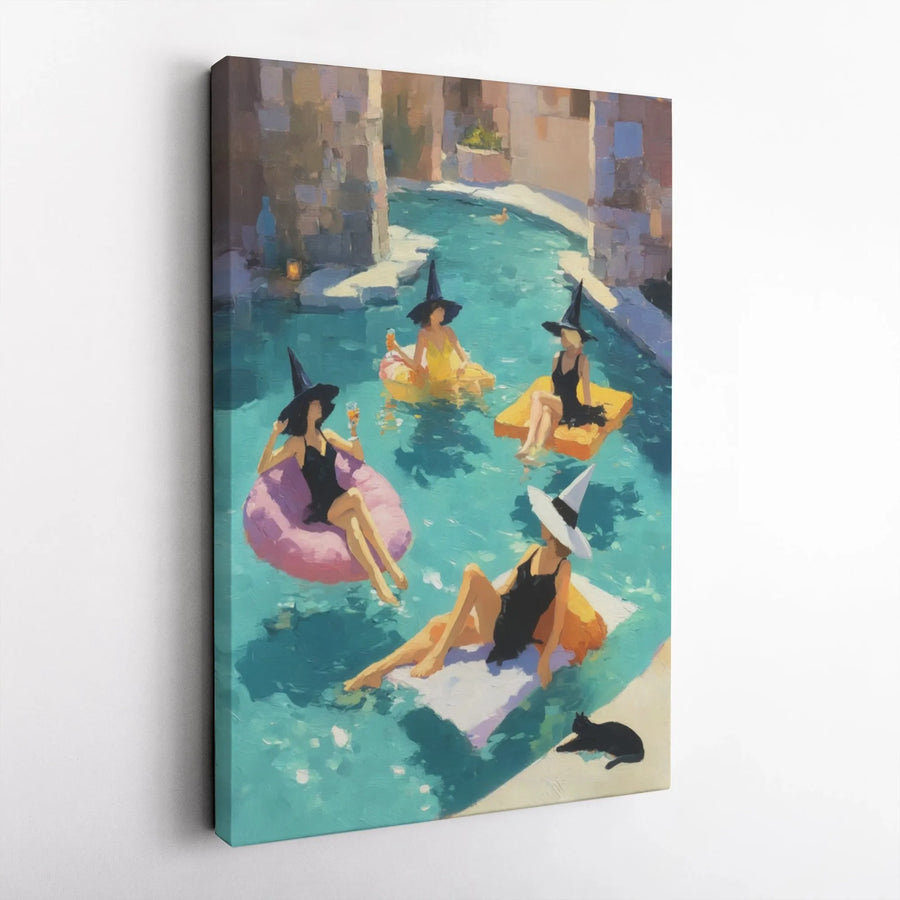 Witch Pool Party Canvas Wall Art | Impressionist Swimming Witches with Black Cat | Premium Gallery-Wrapped Decor | Whimsical Halloween Gift for Her