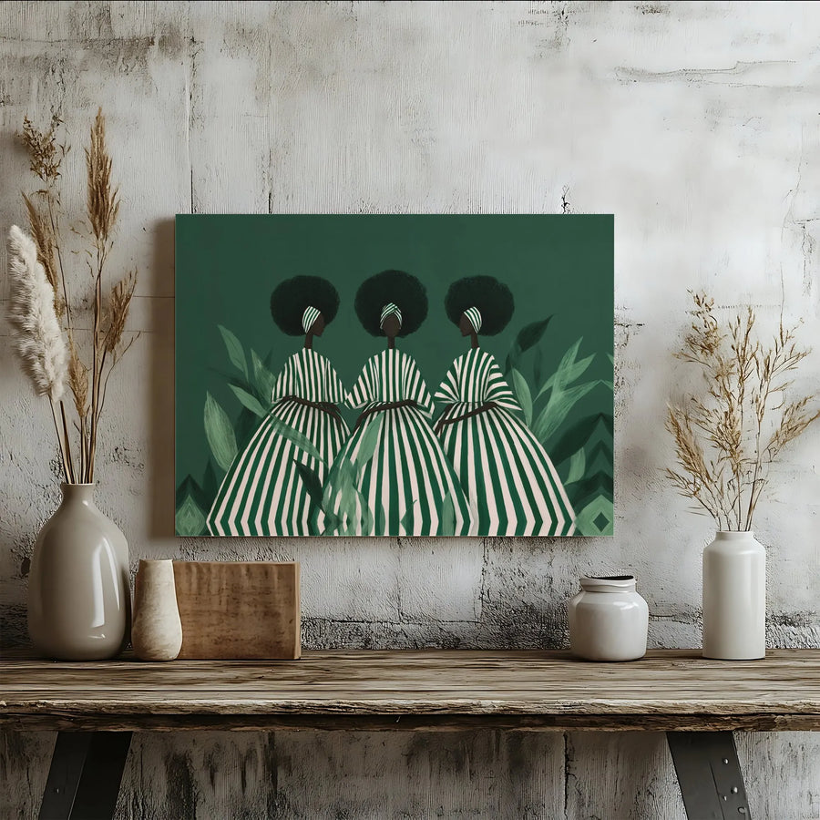 Black Women Art Print | Modern Afrocentric Gallery Wrap Canvas | Premium Forest Green Wall Decor | Empowering Home Office Living Room Gift