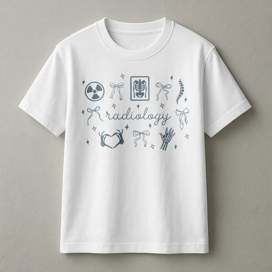 Coquette Radiology T-Shirt | X-Ray Tech Aesthetic with Bow Icons | Premium Cotton Blend | Gift for Radiologist & RAD Tech Student