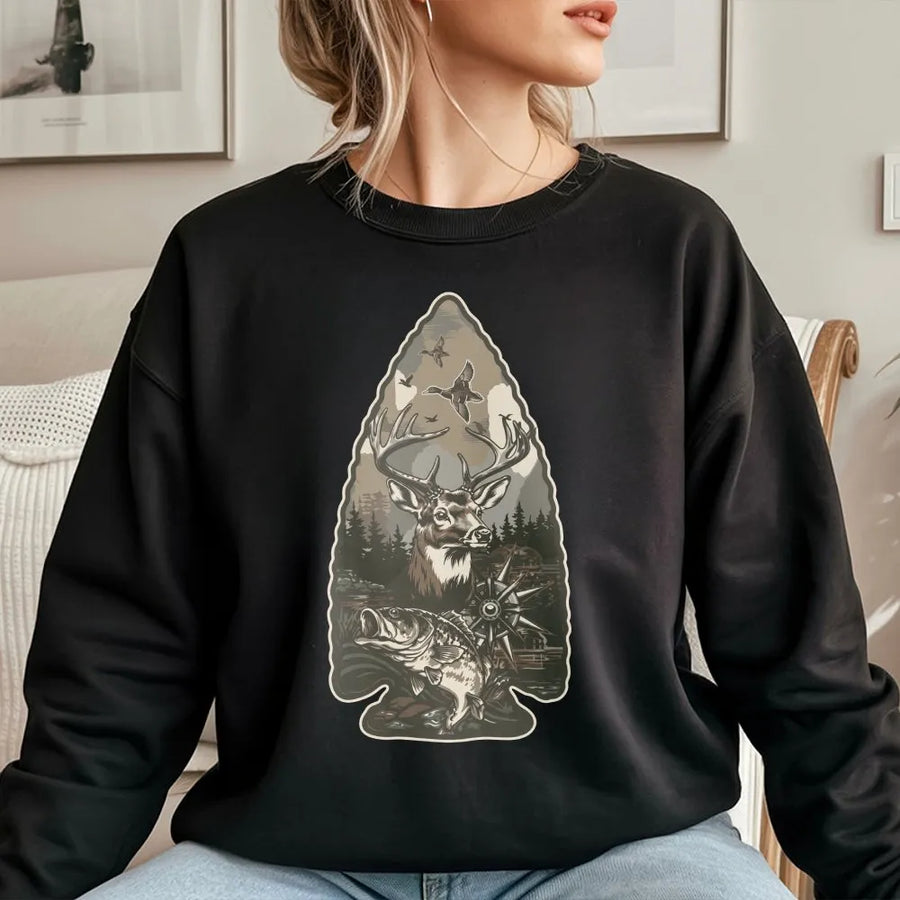Hunting Season Sweatshirt | Arrowhead Graphic with Deer, Bass & Ducks | Soft Cotton-Blend Sweatshirt | Premium Outdoorsman Gift