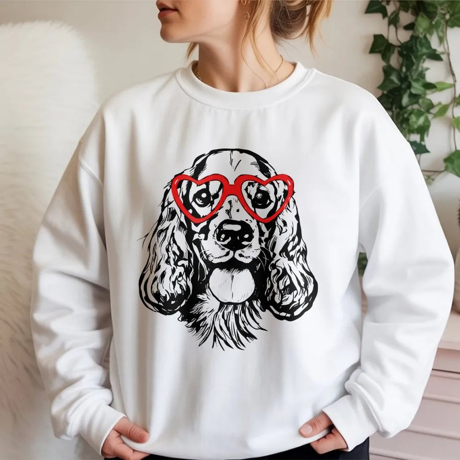 Cocker Spaniel Sweatshirt | Red Heart Glasses Graphic | Premium Cotton Blend | Valentine's Day Gift for Dog Mom and Dog Lover