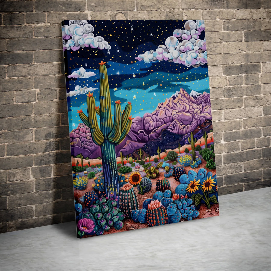 Psychedelic Desert Landscape Canvas | Starry Night Cactus Wall Art | Premium Fade-Resistant Print | Bohemian Home Decor Gift
