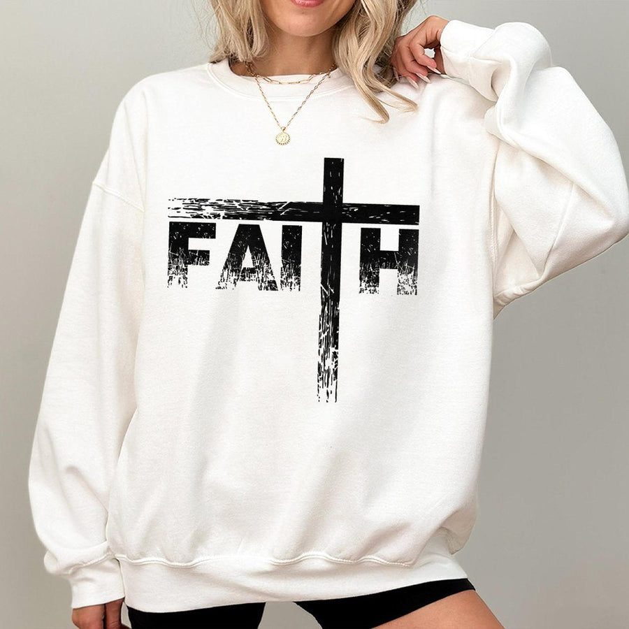 Faith Cross Graphic Sweatshirt | Distressed Religious Scripture Print | Premium Cotton-Blend Fleece | Inspirational Christian Gift for Women and Men