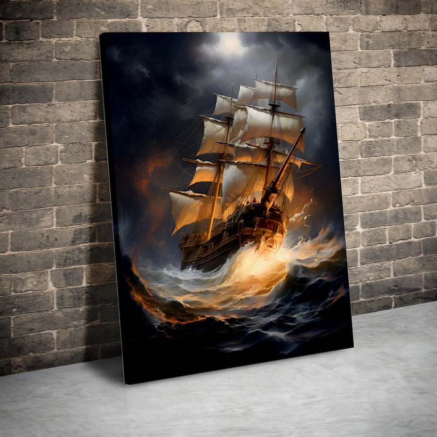 Vintage Tall Ship Canvas Wall Art | Dramatic Stormy Sea Painting | Premium 1.25" Thick Gallery Wrap | Nautical Home Decor Gift for Men