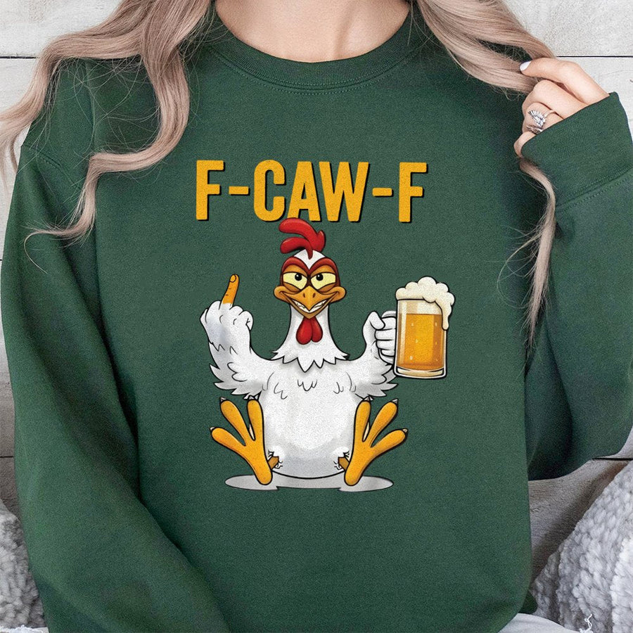 Funny Chicken Sweatshirt | F-Caw-F Rude Bird With Beer Graphic | Soft Cotton Blend Unisex Pullover | Sarcastic Gift for Beer Lovers