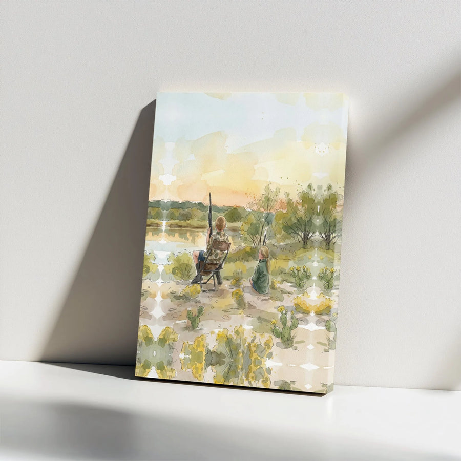 Hunting Kids Canvas Art | Watercolor Brother and Sister Painting | Premium Gallery Wrapped Print | Gift for Hunter Dad, Rustic Cabin Decor