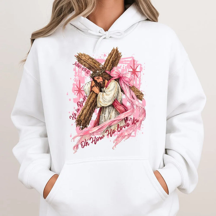 He is Risen Hoodie | Jesus Carrying Cross Graphic | Premium Cotton Blend | Christian Faith Easter Gift for Women