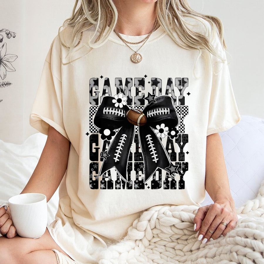Game Day Football T-Shirt | Trendy Bow and Star Graphic Print | Premium Soft Cotton | Stylish Tailgate Outfit for Women and Sports Fans