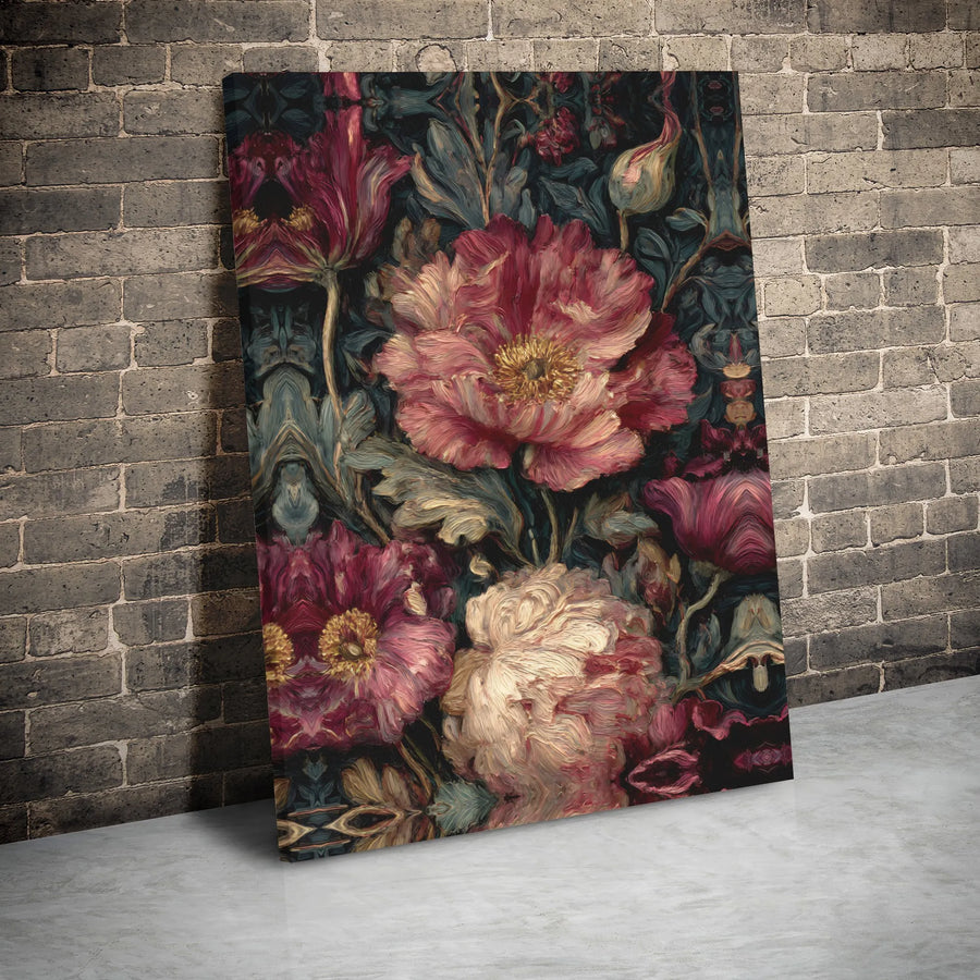Dark Moody Floral Peonies Canvas Print | Vintage Botanical Oil Painting Art | Premium Gallery Wrap Decor | Aesthetic Wall Art for Home Office
