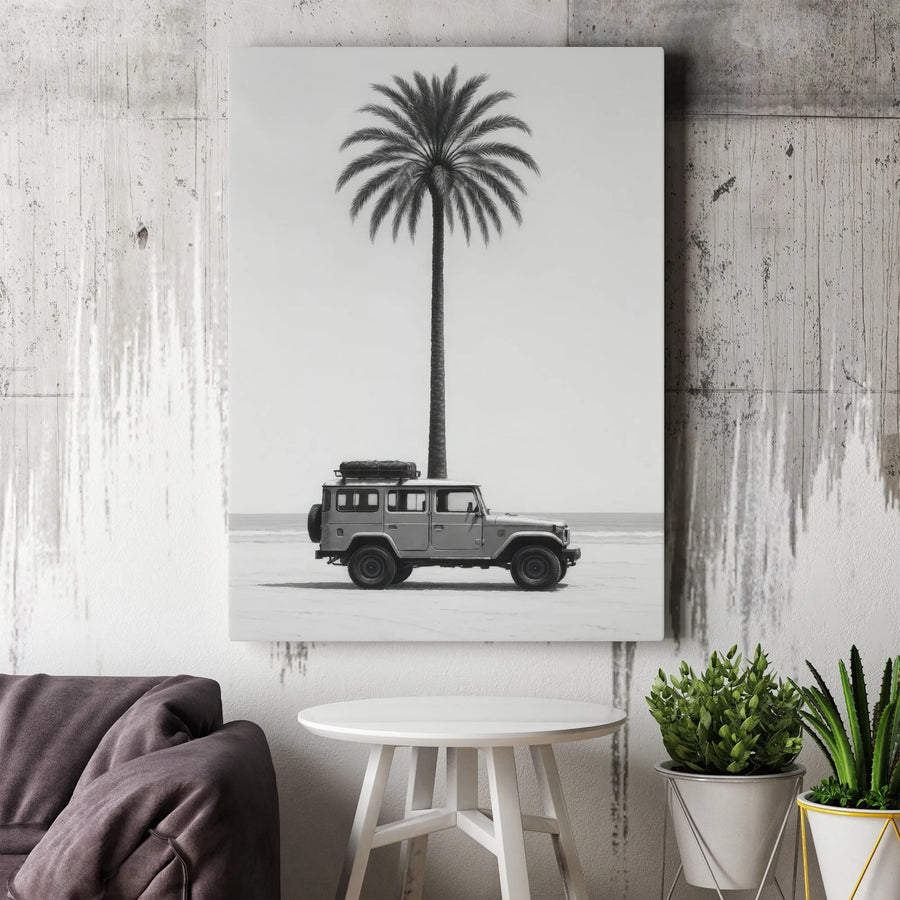 Vintage SUV Beach Canvas Print | Black and White Palm Tree Adventure Wall Art | Premium Gallery Wrap Decor | Travel Enthusiast Gift