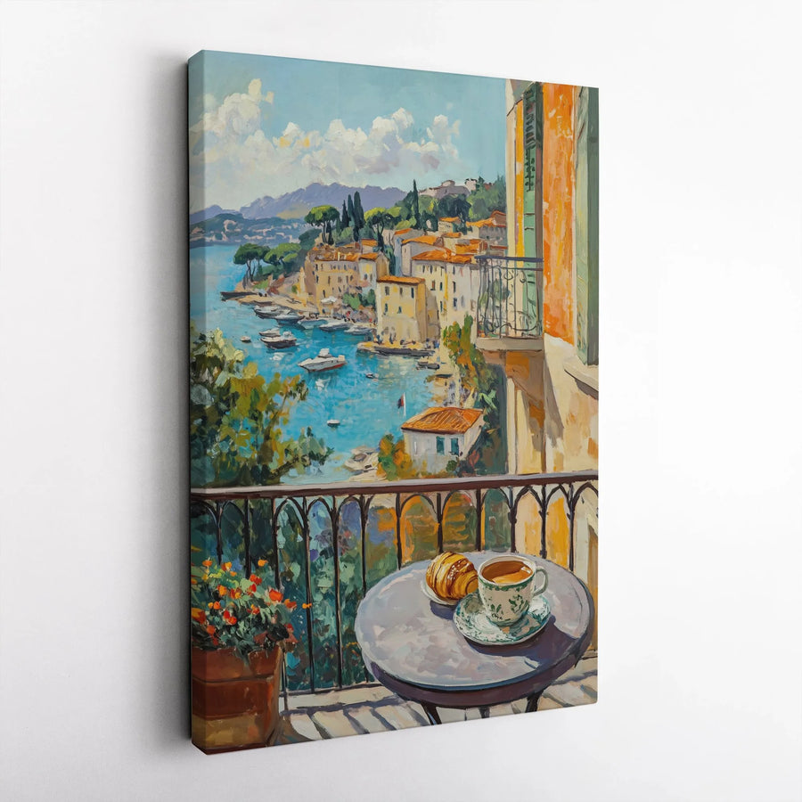 Mediterranean Balcony View Canvas Print | Italian Riviera Harbor Landscape | Premium Gallery Wrapped Wall Art | Coastal Home Decor Gift