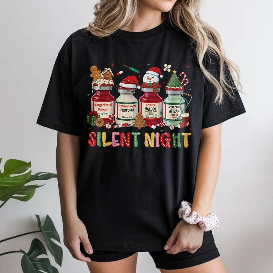 Silent Night Christmas Nurse T-Shirt | Medical Holiday Vials Design | Soft Cotton Premium Tee | Funny ICU Nurse Gift for Healthcare Workers