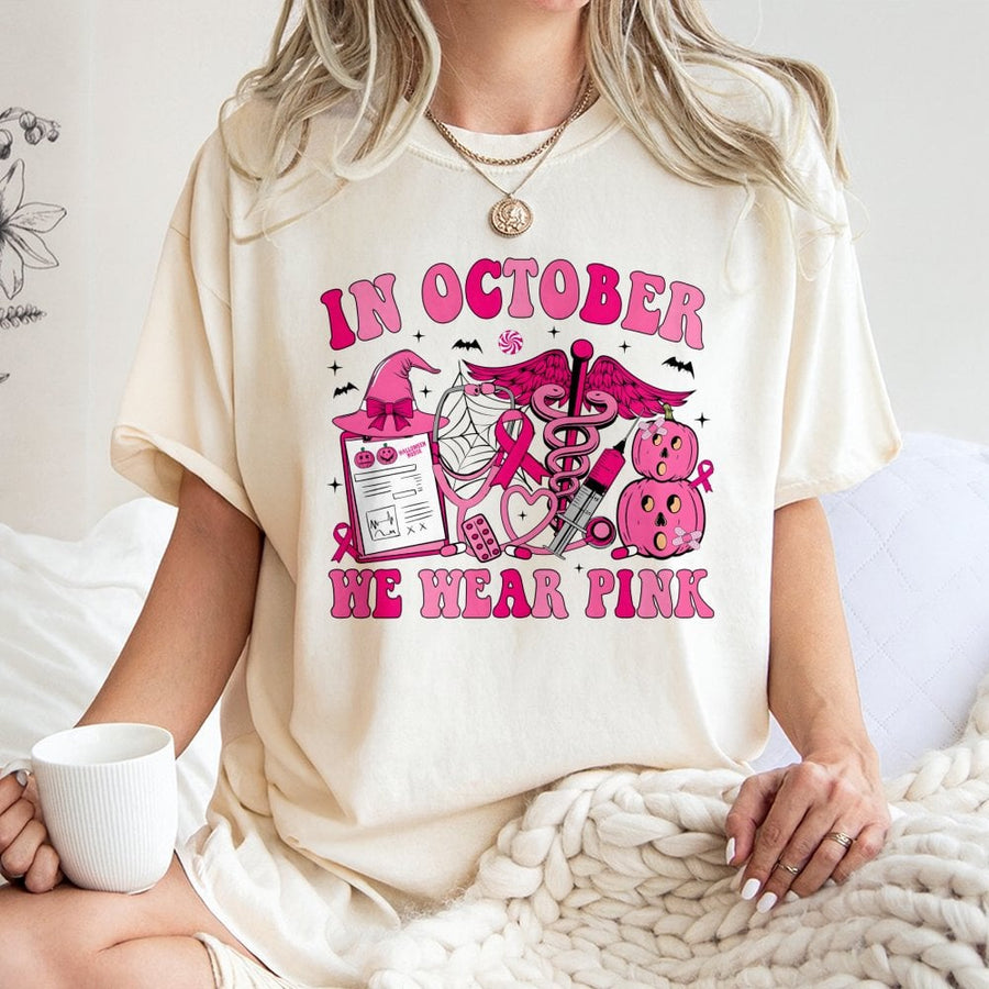 In October We Wear Pink T-Shirt | Breast Cancer Awareness Halloween Nurse Graphic | 100% Cotton Premium Tee | Supportive Gift for Healthcare Workers