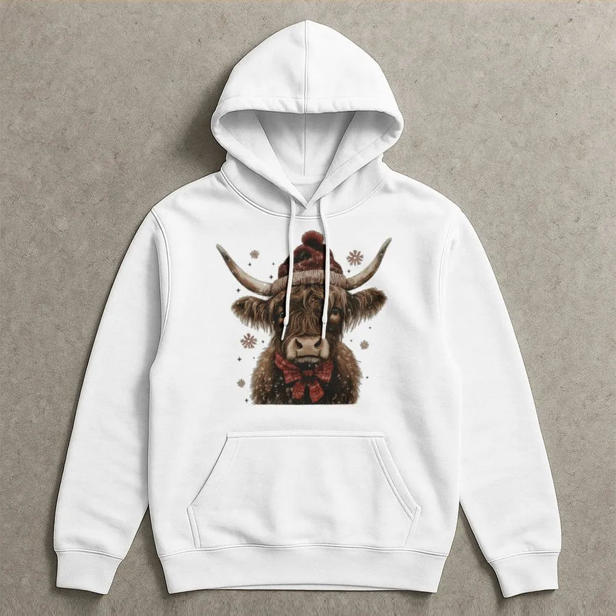 Christmas Highland Cow Hoodie | Cute Santa Hat Western Holiday Sweatshirt | Premium Cotton Blend | Festive Winter Gift For Women