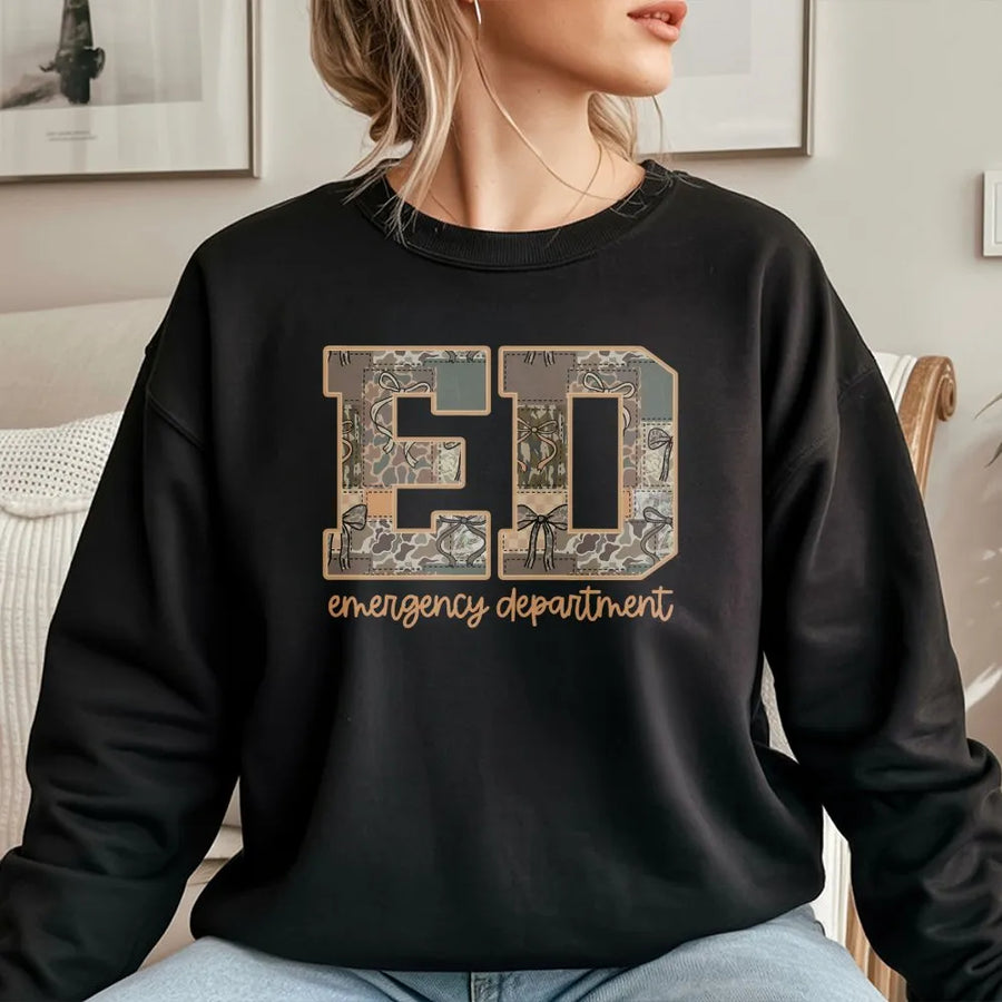 Emergency Department Sweatshirt | Cute Camo Bow ED Nurse Crewneck | Premium Cotton Blend | Gift for Nursing Student or ER Nurse