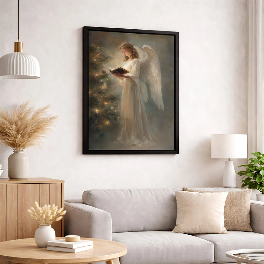 Angel Reading Near Christmas Tree Canvas | Religious Holiday Wall Art | Premium Fade-Resistant Print | Elegant Seasonal Home Decor Gift