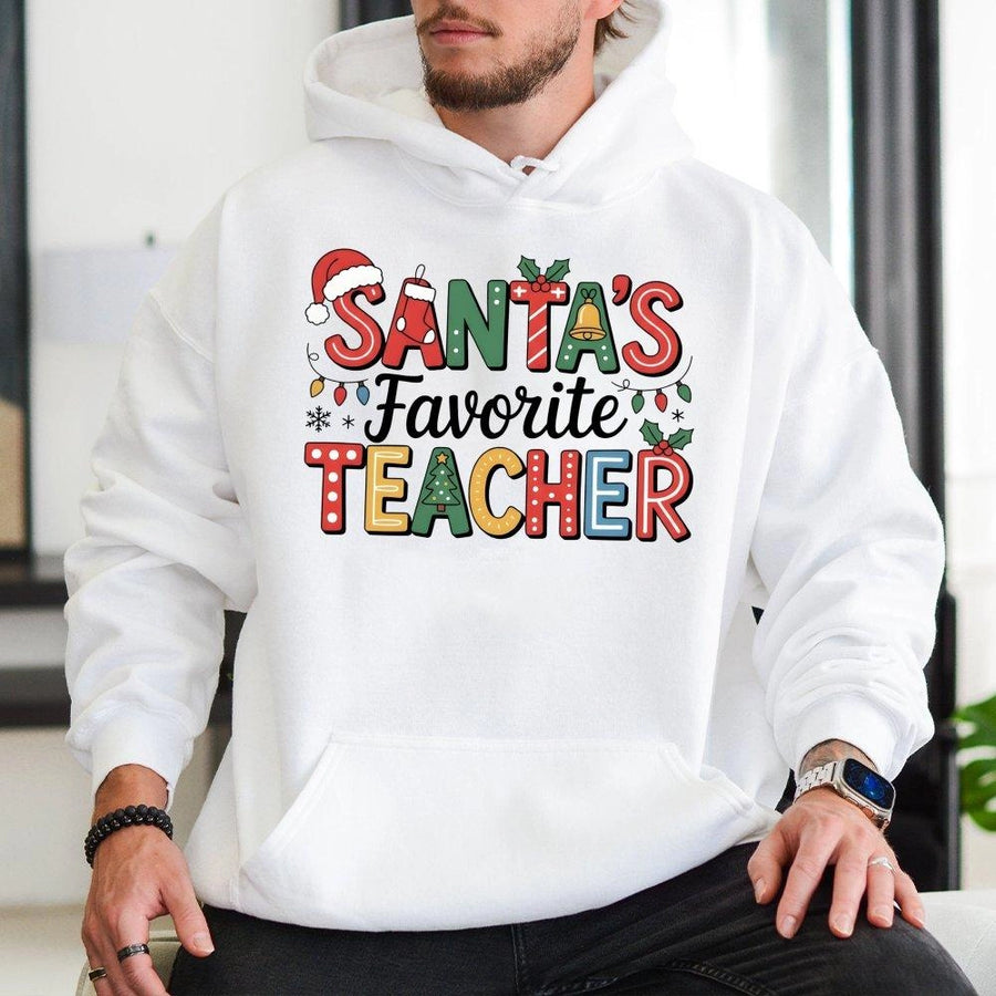 Santa's Favorite Teacher Hoodie | Festive Holiday Typography Design | Soft Cotton-Polyester Premium Blend | Perfect Christmas Gift for Teachers