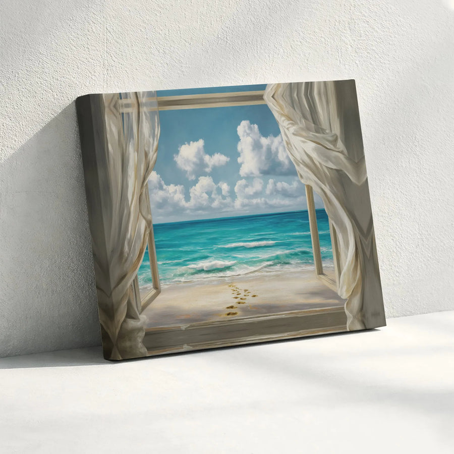Beach Window Canvas Wall Art | Ocean View With Footprints | Premium Gallery Wrap Print | Coastal Home Decor for Living Room