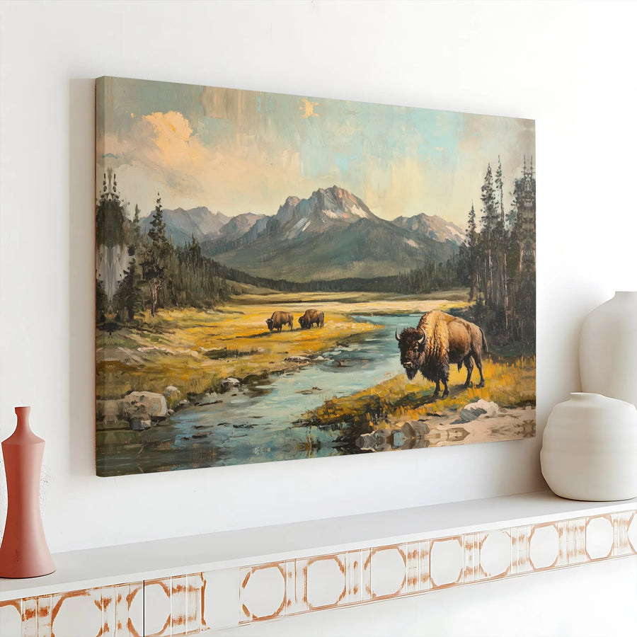 Bison Mountain Landscape Canvas | Vintage Oil Painting Style Print | Thick Gallery Wrapped Canvas | Rustic Lodge & Cabin Decor Gift
