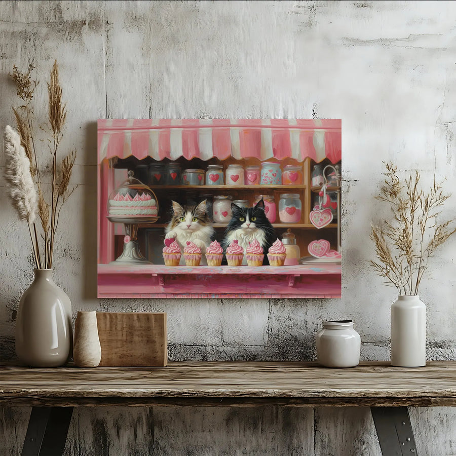 Whimsical Cat Bakery Canvas Wall Art | Kittens Selling Cupcakes Painting | Premium Fade-Resistant Print | Unique Gift for Cat Lovers & Nursery Decor