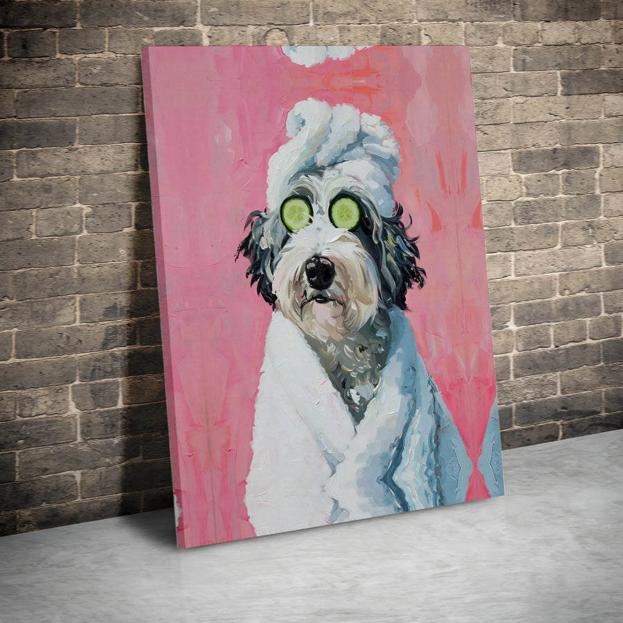 Funny Dog Spa Day Canvas | Dog in Robe with Cucumber Eyes Art | Premium Gallery Wrapped Canvas | Humorous Bathroom Decor Gift for Dog Mom