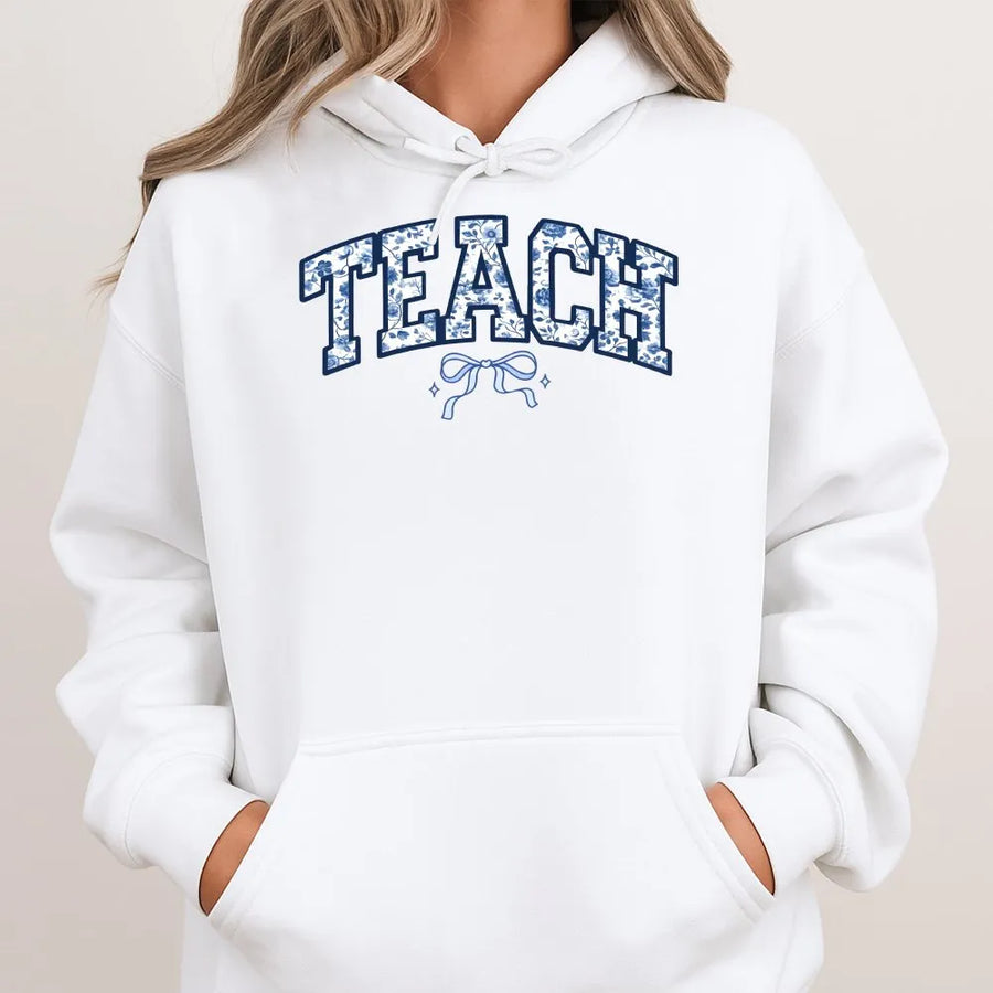 Floral Teacher Hoodie | Blue Varsity 'Teach' Print Design | Soft Cotton Tee | Back To School Outfit & Teacher Appreciation Gift