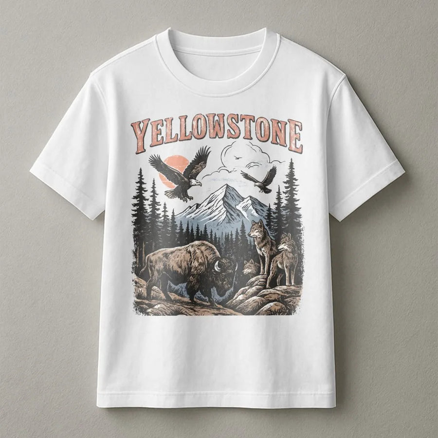 Vintage Yellowstone T-Shirt | Retro 90s Wildlife Graphic with Bison & Wolves | Soft Cotton Blend Pullover | National Park Souvenir Gift