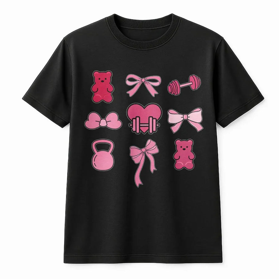Pink Bow Gym T-Shirt | Aesthetic Gummy Bear Weightlifting Design | Premium Cotton Graphic Tee | Cute Fitness Gift for Women & Girls