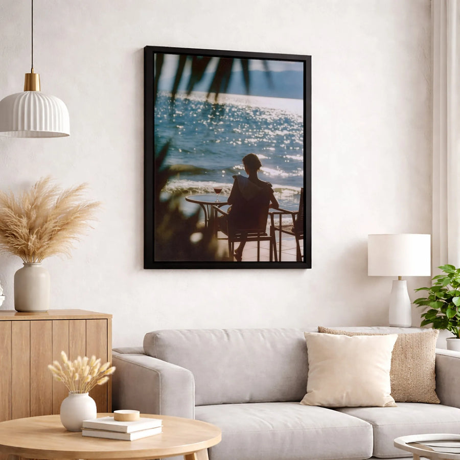 Seaside Woman With Wine Glass Canvas Wall Art | Sparkling Sunset Ocean View | Premium 1.25" Gallery Wrap | Relaxing Coastal Home Decor Gift