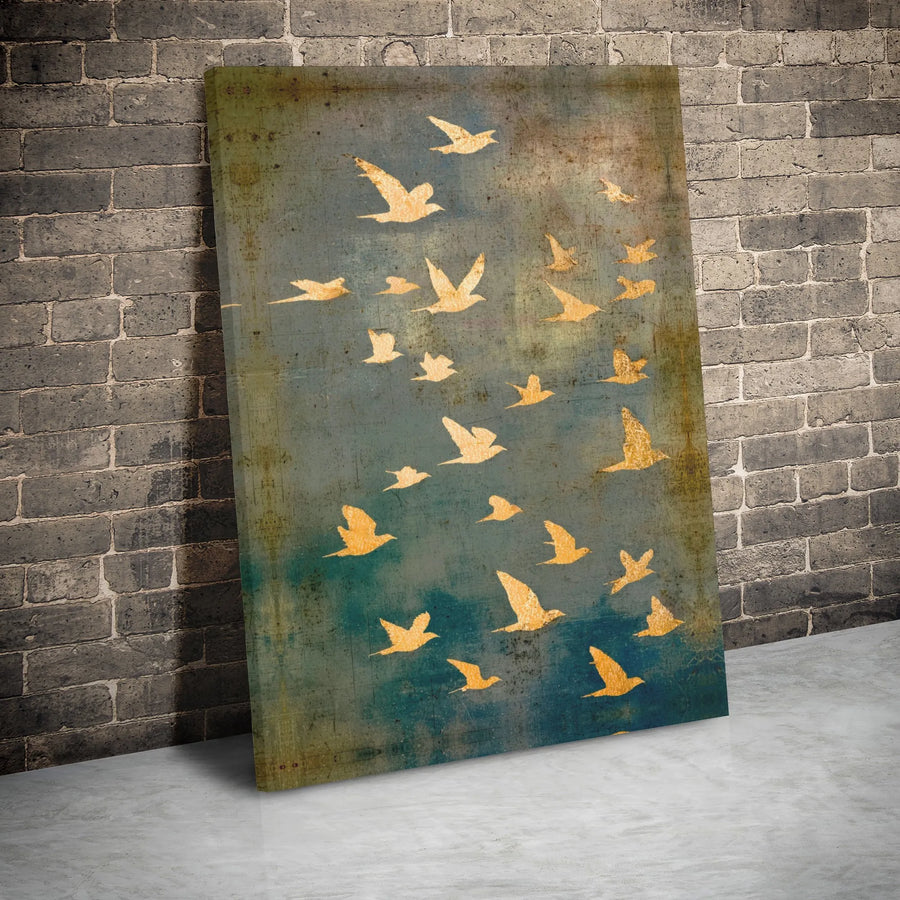 Golden Birds Wall Art | Abstract Flock Canvas Print | Premium Gallery Wrap Decor | Nature Inspired Living Room Artwork