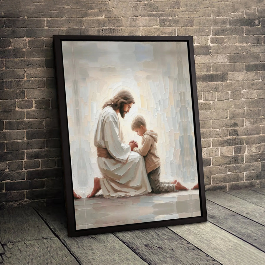 Jesus Praying With Child Canvas Wall Art | Impasto Religious Oil Painting Style | Premium 1.25 Inch Gallery Wrap | Christian Home Decor Gift