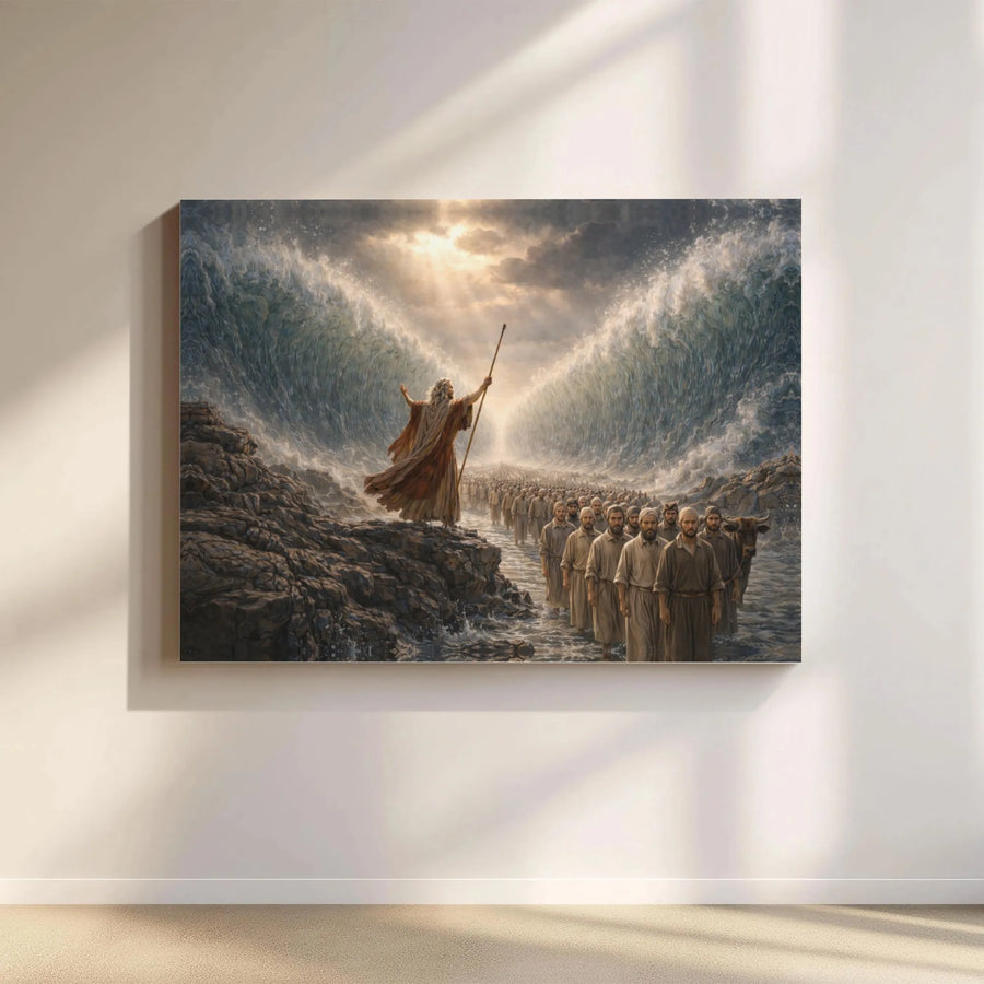 Moses Parting Red Sea Canvas Print | Realistic Biblical Scene Wall Art | Premium Gallery Wrap | Christian Home Decor Gift for Believers