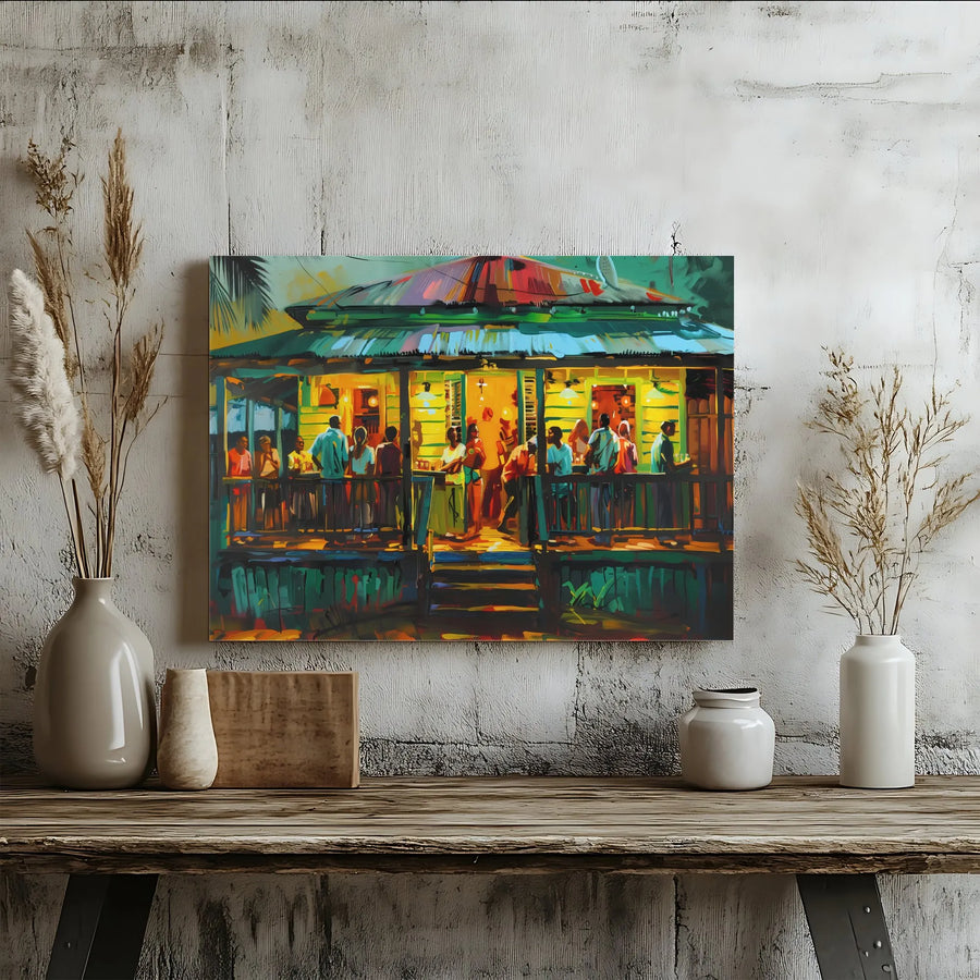 Caribbean Bar Canvas Wall Art | Vibrant Tropical Nightlife Scene | Premium Gallery Quality Print | Coastal Living Room Decor Gift