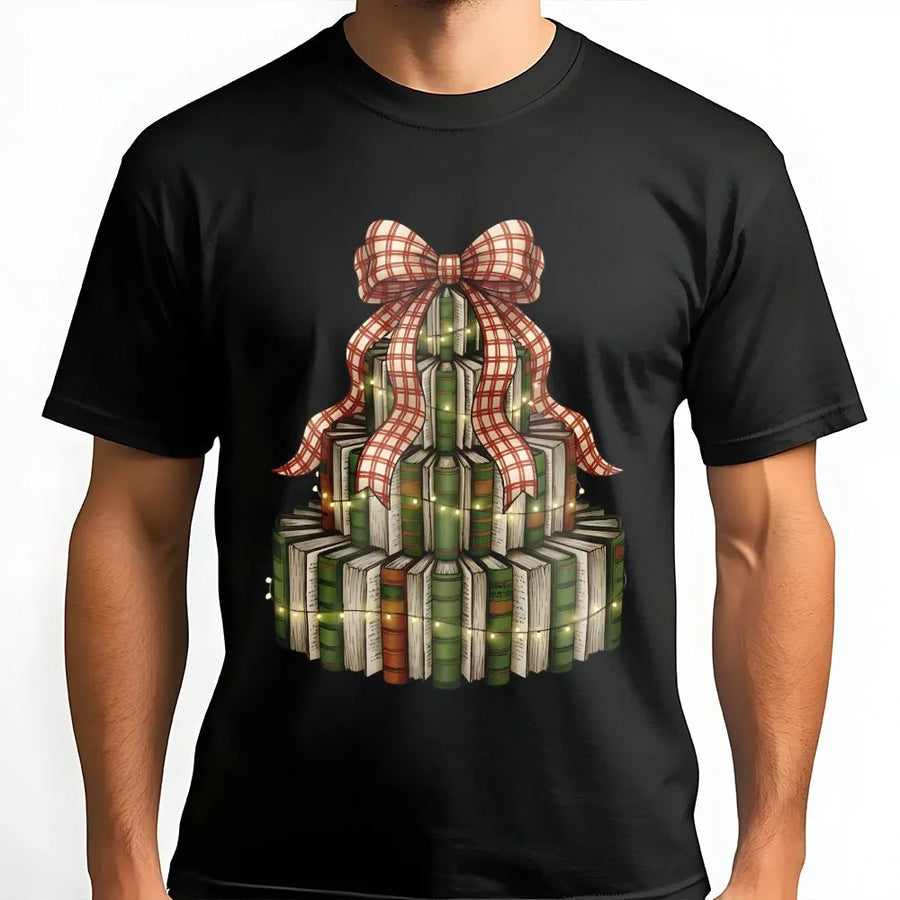 Christmas Book Tree T-Shirt | Festive Librarian Reading Graphic | Premium Soft Cotton Tee | Holiday Gift for Teachers and Book Lovers