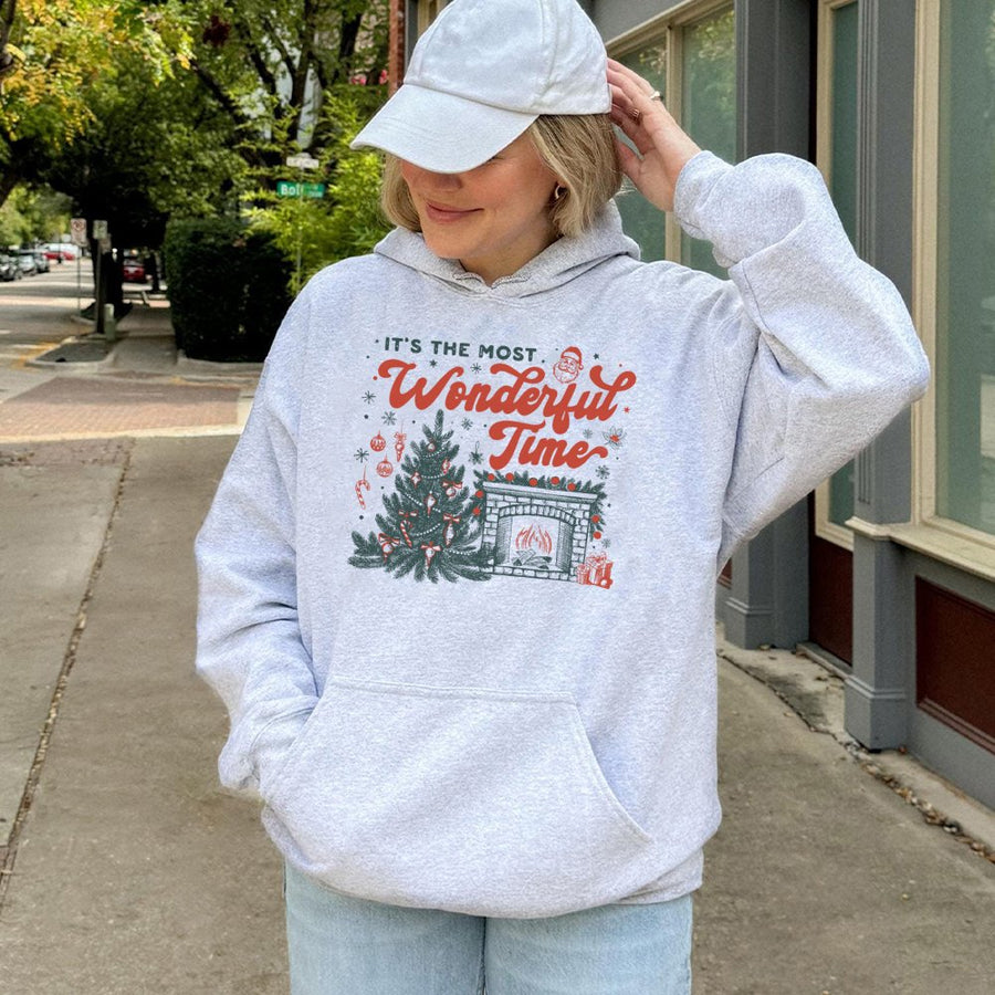 Christmas Tree Hoodie | Retro It's The Most Wonderful Time Graphic | Premium Cotton Blend | Unisex Holiday Gift for Men & Women