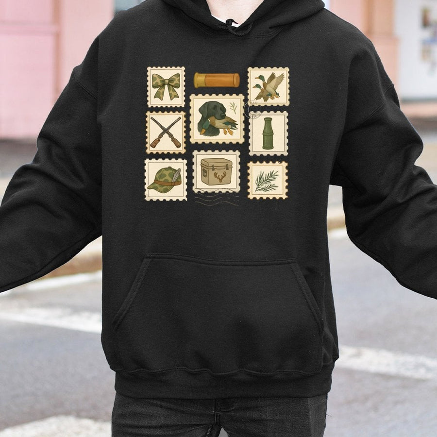 Duck Hunting Hoodie | Vintage Postage Stamp Graphic Design | Premium Cotton Blend | Gift for Duck Hunter & Outdoorsman