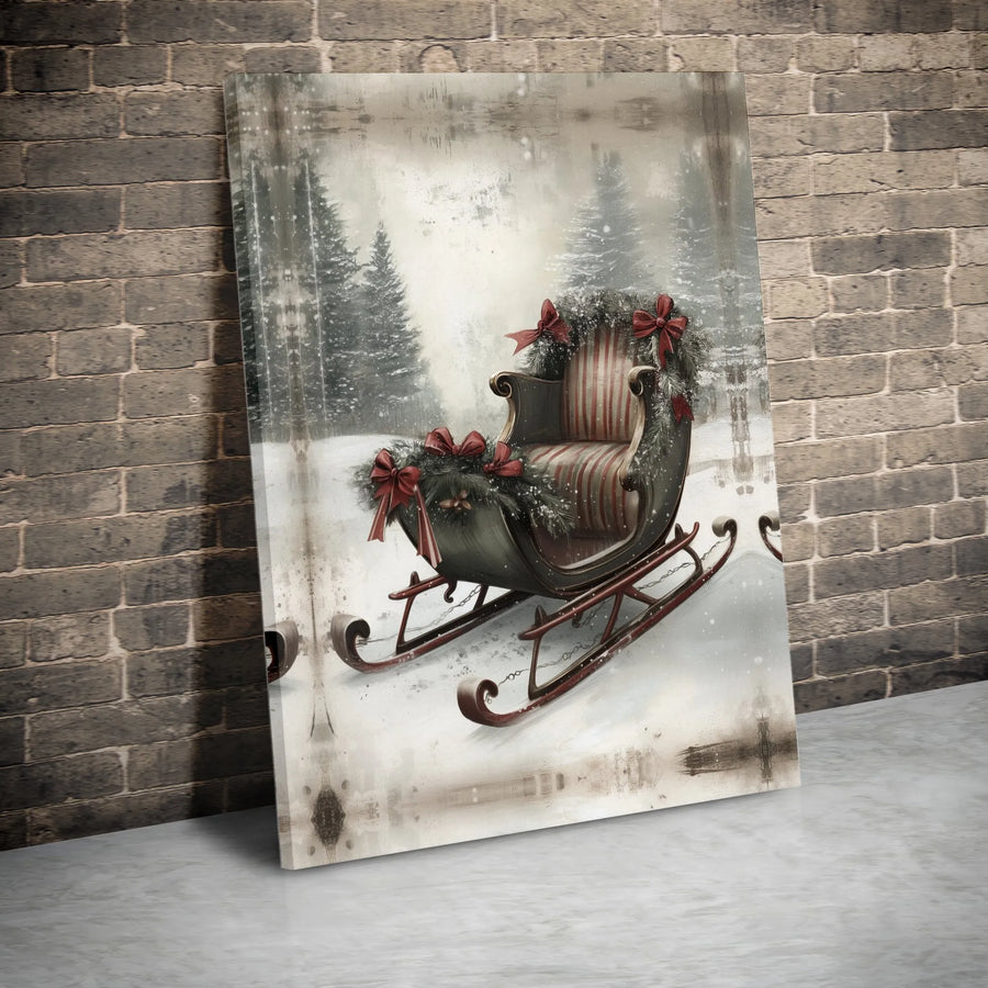Vintage Christmas Sleigh Canvas Print | Snowy Forest Holiday Wall Art | Premium Gallery Wrapped Decor | Festive Winter Home Gift for Families