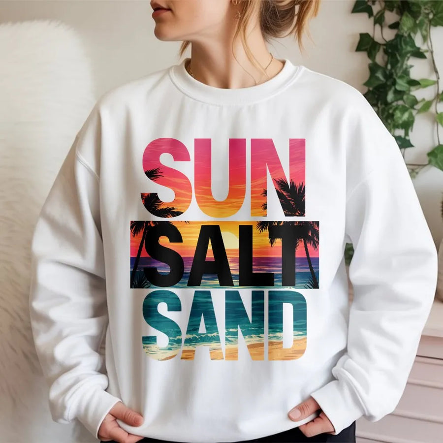 Sun Salt Sand Sweatshirt | Retro Sunset Beach Graphic Design | Soft Cotton Blend Crewneck | Trendy Summer Vacation Gift For Women And Men